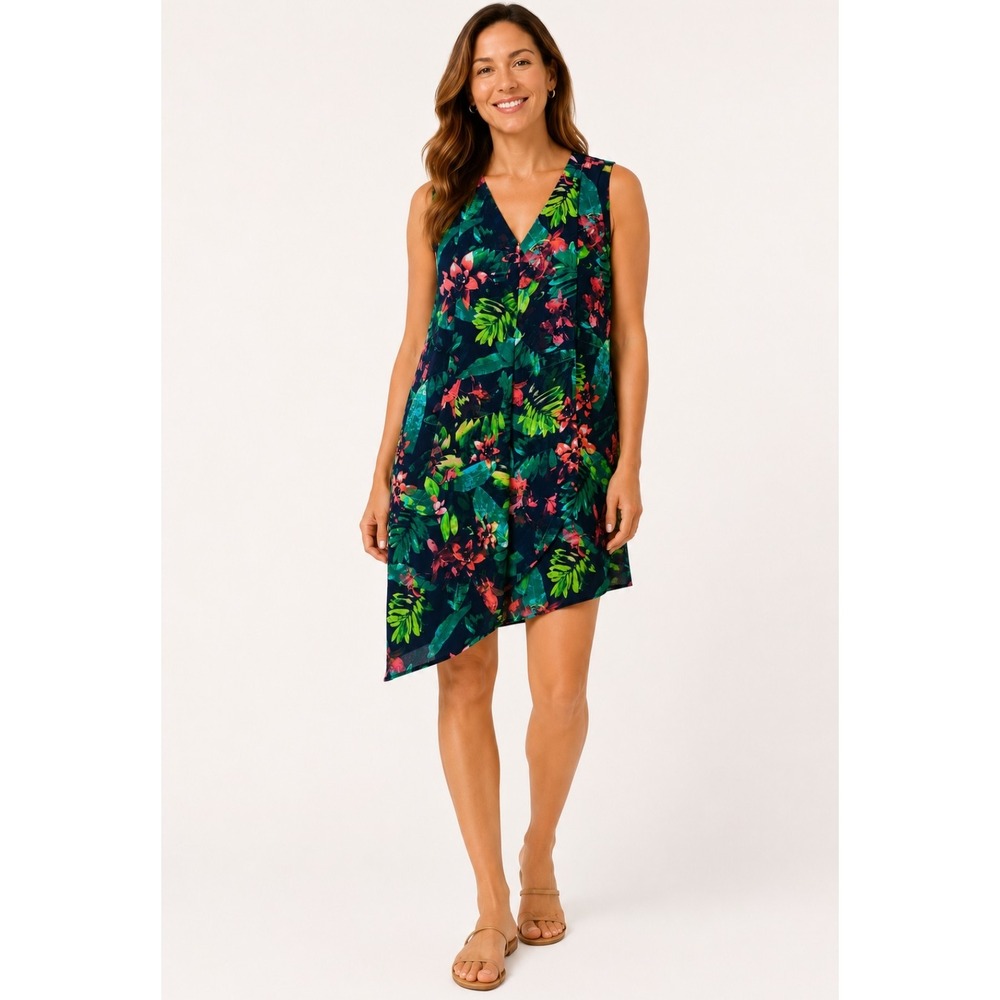 Chico's Asymmetrical Floral Dress Womens 1.5 M/10 Navy Multi NEW Tropical